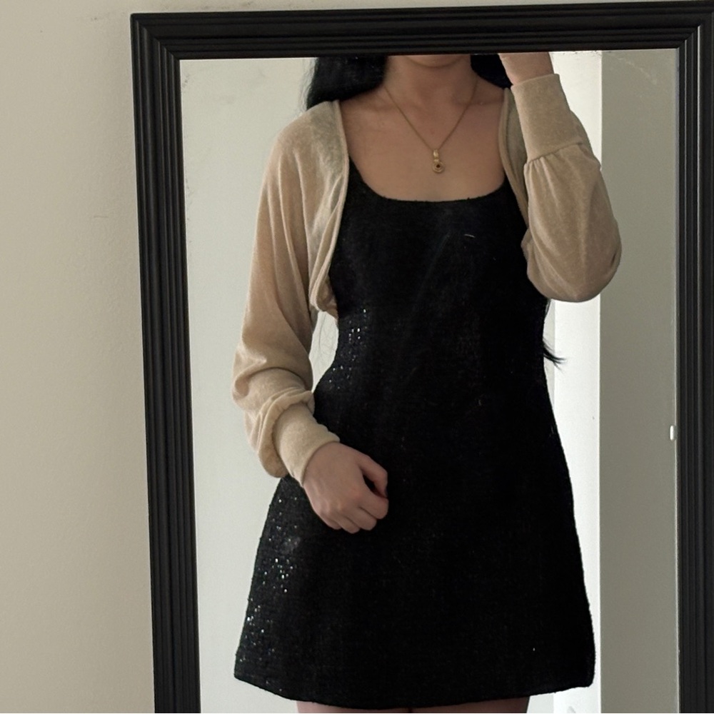 Beige Cropped long sleeve Shrug Cardigan, Soft Lightweight Layering Top